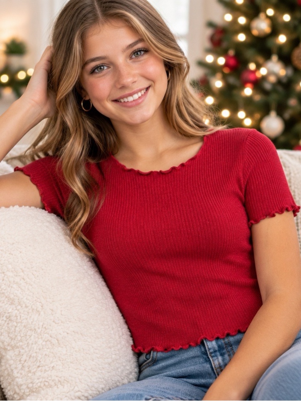 Brandy Melville Red Ribbed Lettuce Trim Fitted Short Sleeve Top
